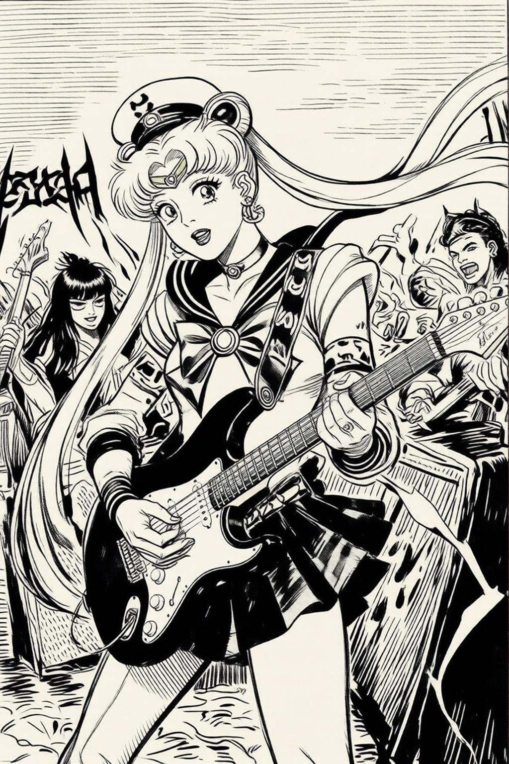 alexraymond2q illustration. Black and white drawing. punk sailor moon playing a guitar at a heavy metal mosh pit,  tattoos...