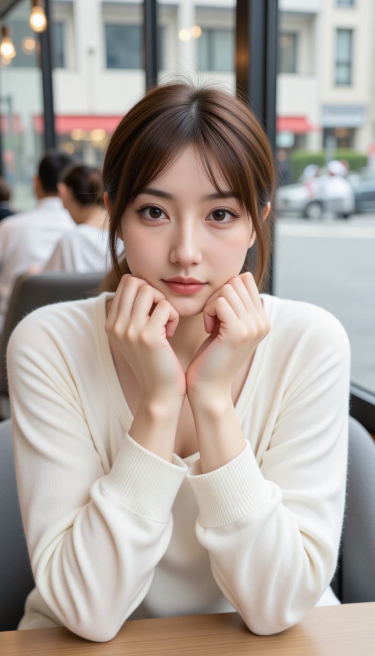 A young woman with fair skin and long brown hair tied back in a loose ponytail,  wearing a white,  long-sleeved sweater. S...
