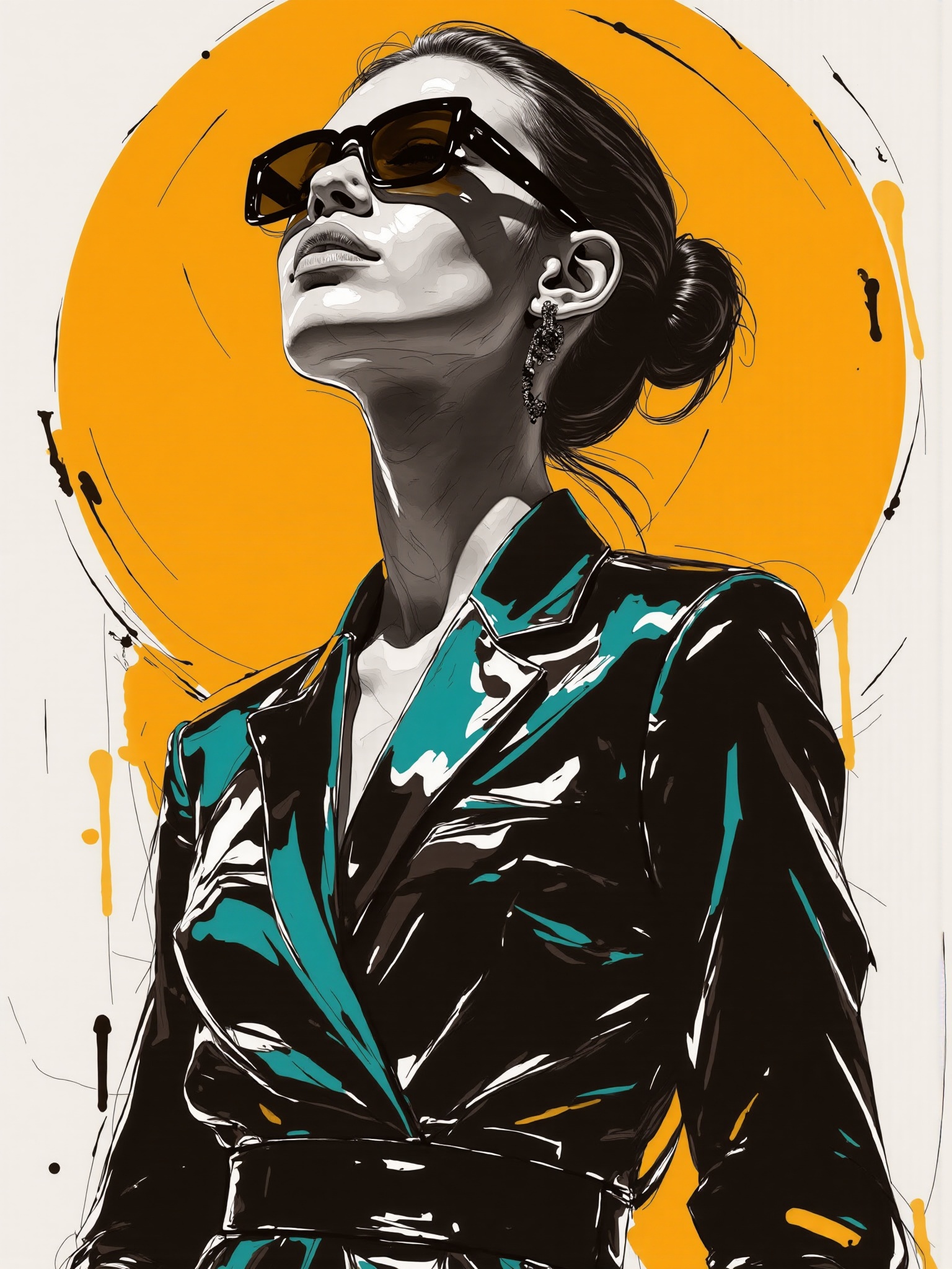 mad-mdrnmnmlsm painting of a cyberpunk woman wearing a futuristic kimono in front of stylized sun,  cybernetic implants,...