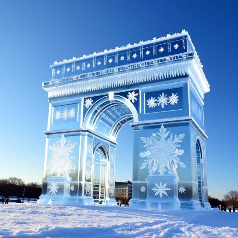 miluo_bing,Ice Sculpture Art, This is a photograph of the Arc de Triomphe in Paris, France, meticulously crafted from clear, translucent ice. The iconic structure is set against a clear, blue sky and a snow-covered ground, giving the scene a serene, wintery feel. The ice replica is detailed with intricate carvings of snowflakes and geometric patterns, reflecting light and creating a sparkling effect. The arch's classic design, complete with columns and a triangular pediment, is visible, showcasing its historical significance. The surrounding landscape is devoid of people, emphasizing the cold, tranquil atmosphere. The overall composition highlights the delicate beauty and craftsmanship of the ice sculpture, contrasting with the grandeur of the original monument.<lora:冰雕艺术-flux-1.4:1>