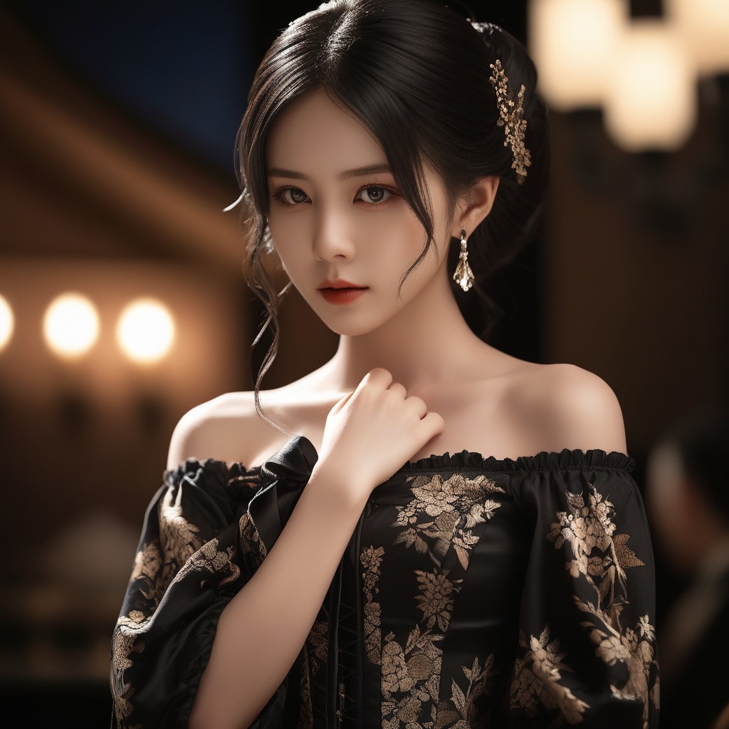 score_9,score_8_up,score_7_up,1girl,supermodel,Japanese beauties,idol,innocence,mysterious,detailed beautiful face,Gothic detailed dress,elegance,graceful,stylish,strapless,off shoulder,bare shoulders,collarbone,looking at viewer,elegant pose,dynamic angle,perfect composition,perspective,break LUT,cinematic,highly detailed,extremely detailed,intricate details,fine texture,crisp detail,crisp edges,high contrast,subtle shadows,complex shading,sharp focus,depth of field,Volumetric lighting,professional lighting,film lighting,concept art,film grain,bokeh, <lora:823-DA-XL-国模-恶女-VIVI:0.8>,