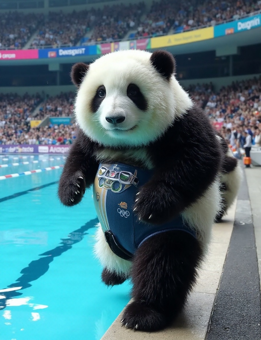The image is a high-resolution photograph of a charming panda named Huahua,  depicted standing at the edge of an Olympic s...