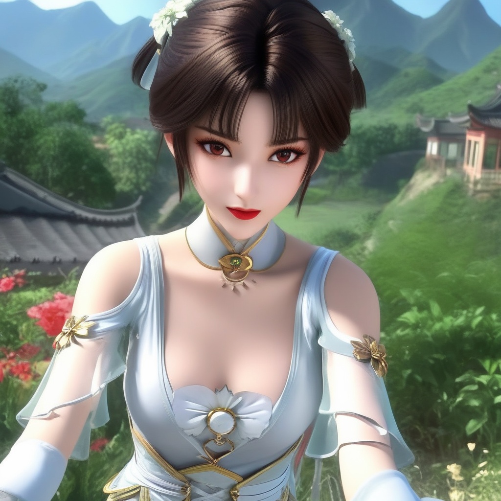 <lora:834-DA-XL-诛仙-碧瑶:0.8>, score_9, score_8_up, score_7_up, realistic:2, photorealistic:2, realistic detailed skin:2, realistic detailed face:2, perfect eyes:2, realistic detailed background, uncensored, BREAK, 1girl,  , brown hair, short hair, flipped hair:1.5, red eyes, red lips, looking at viewer, seductive smile, china dress, white dress, cleavage cutout, skintight, shiny clothes, elbow gloves, black thighhighs, garter belt, garter straps, thong, pelvic curtain, outdoors, cowboy shot,