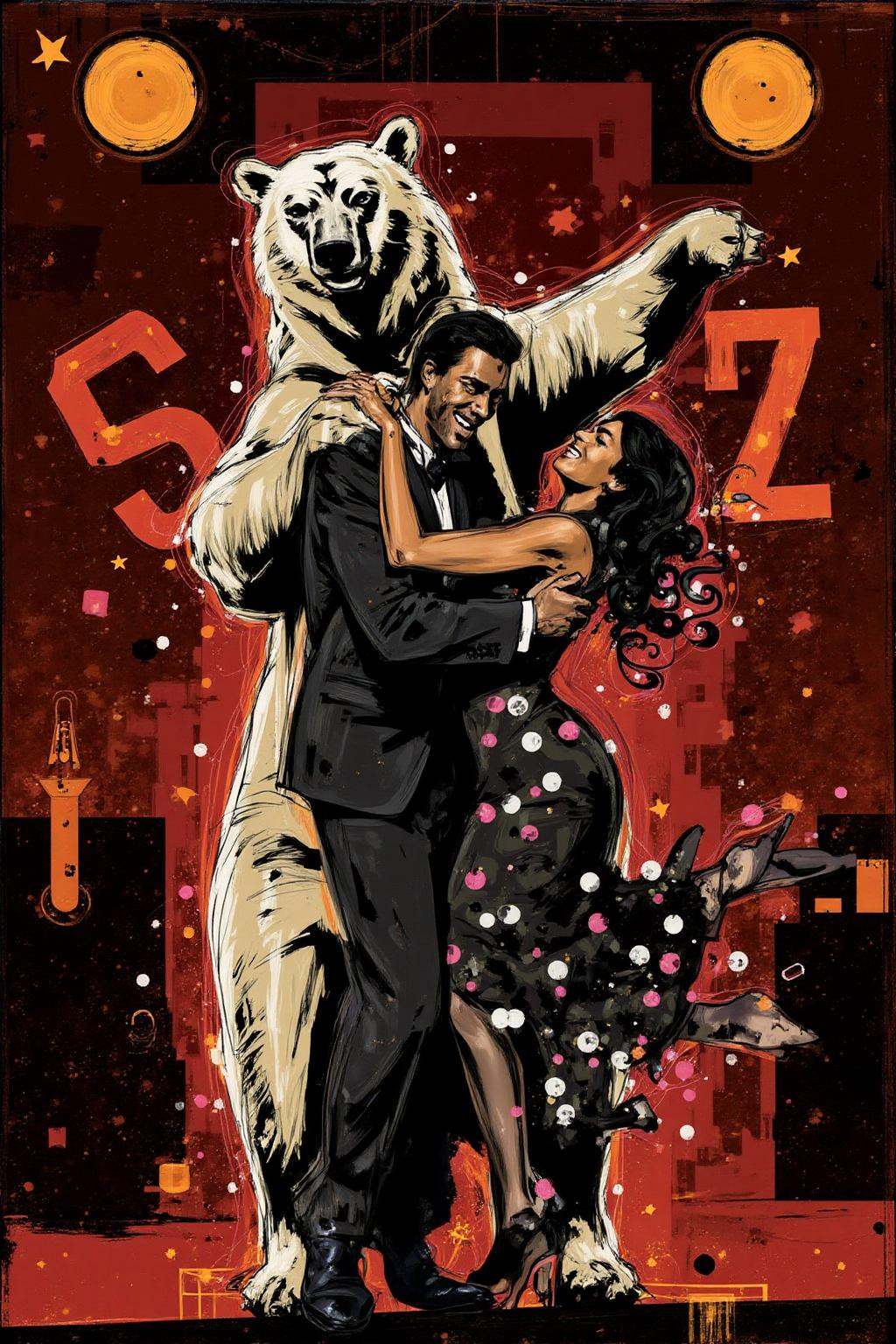 poster illustration of a man and a woman dancing with a polar bear at a jazz club. on Tensor.Art