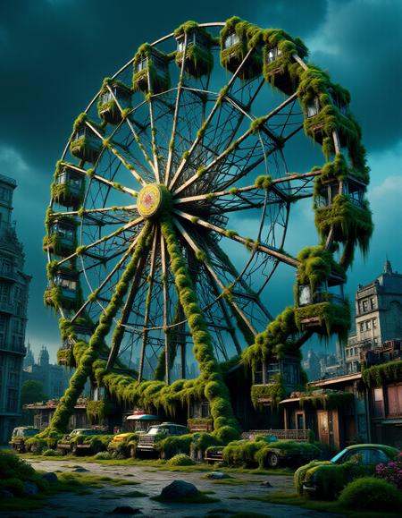 A decaying amusement park,  the Ferris wheel frozen mid-spin,  its metal frame overtaken by glowing on Tensor.Art
