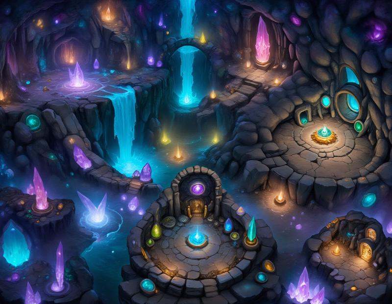 A vast underground cavern filled with glittering crystals of various colors. The walls shimmer with a soft glow,  and the...