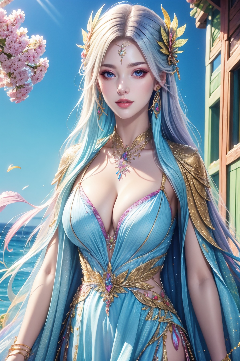 extremely detailed, 1girl, solo, long hair, jewelry, hair ornament, necklace, breasts, cleavage, original, dress, looking at viewer, feathers, pale skin, wavy hair, white hair,