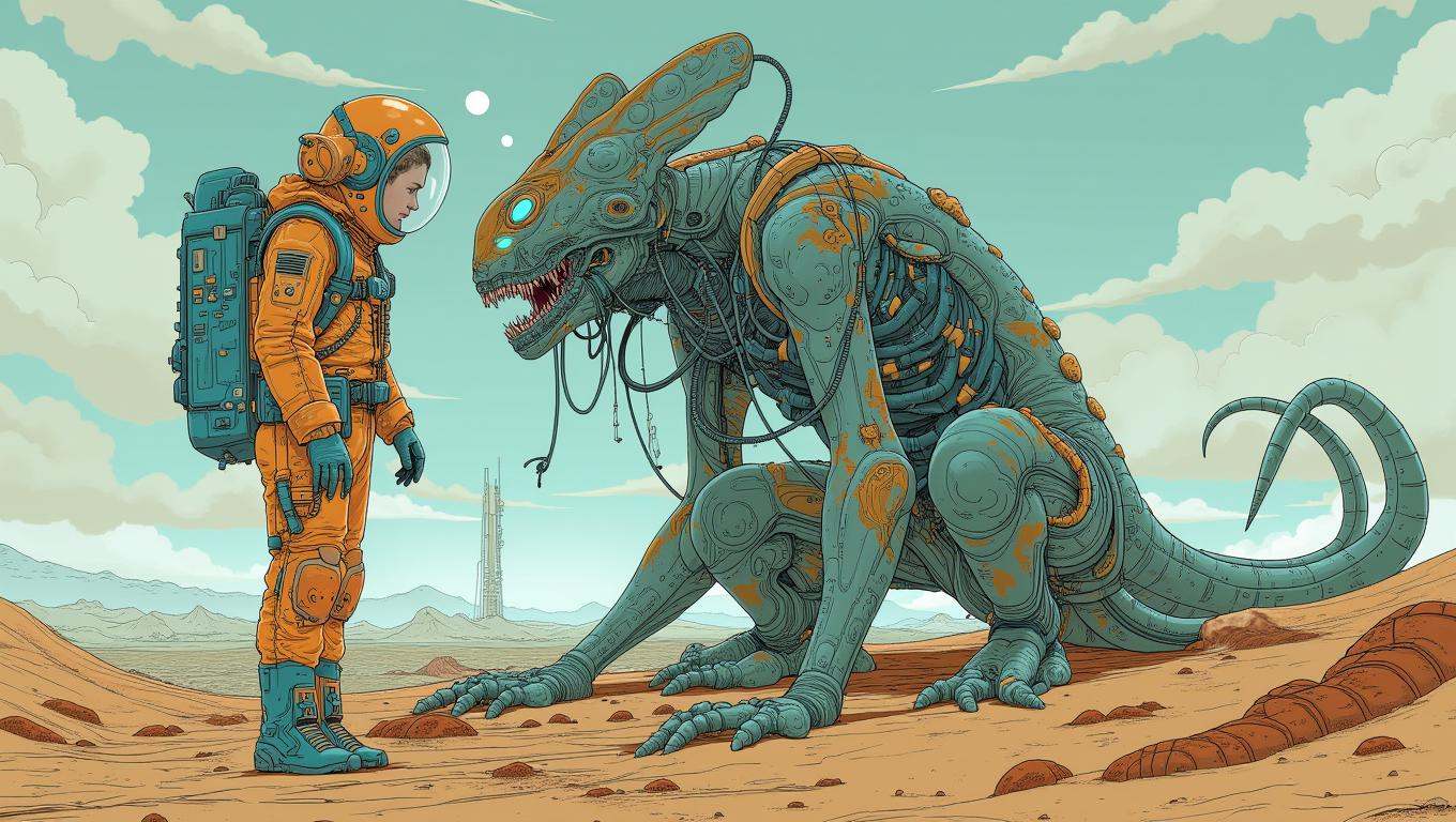 A human astronaut,  stranded on a distant planet,  stands as an alien symbiote begins to envelop them. The symbiote is a f...