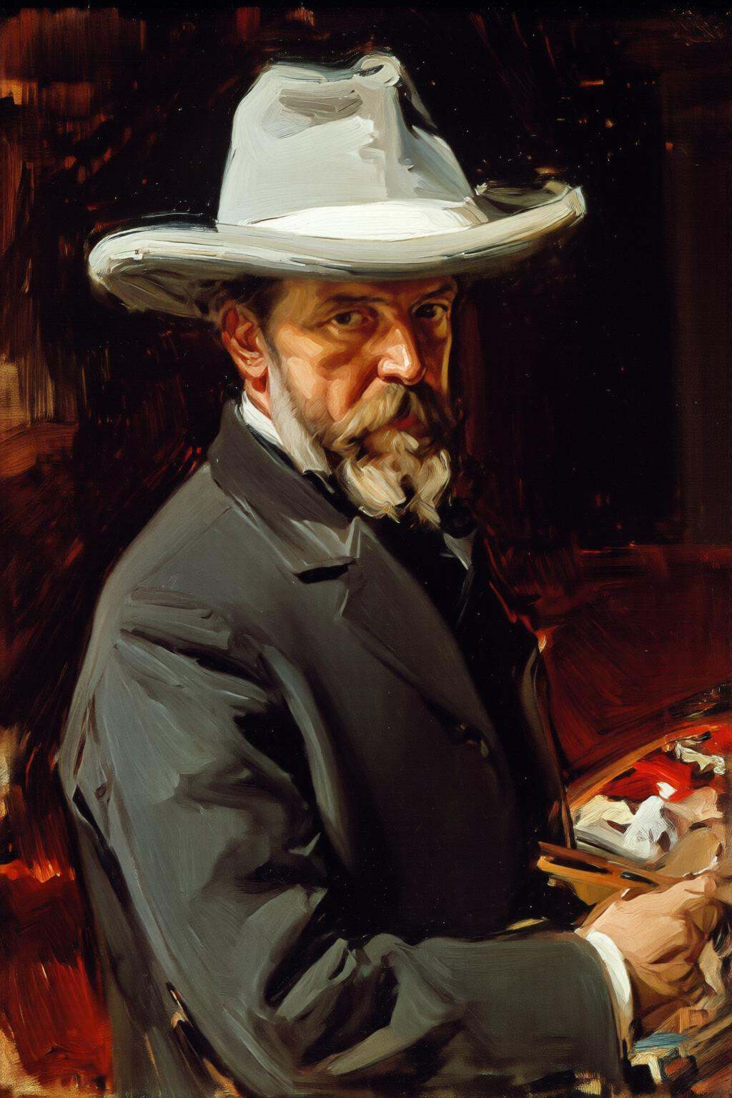 joaquinsorolla3q painting.A bearded middle-aged man,  shown in side profile,  wearing a white hat and a dark suit holds a...