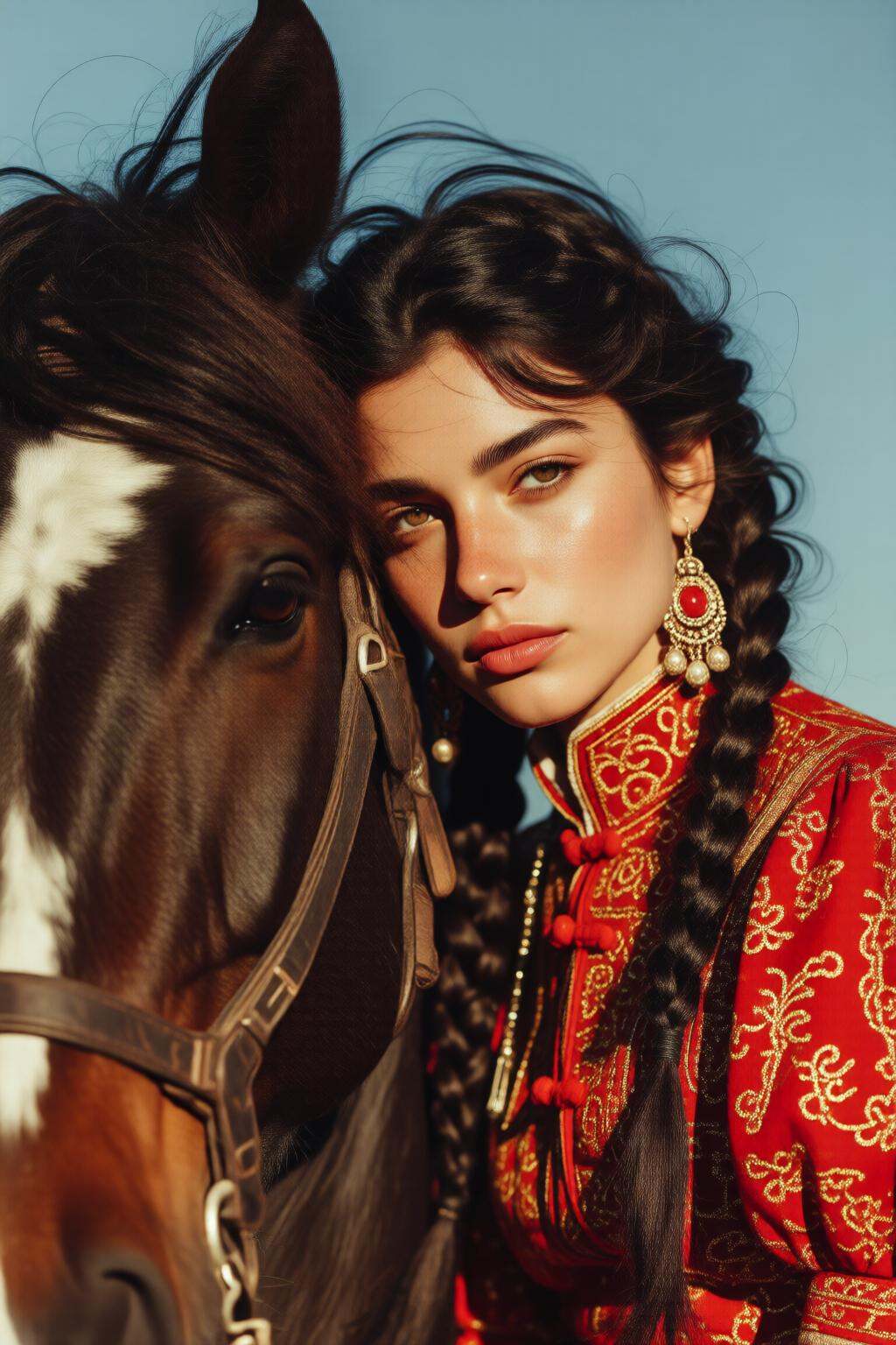 midjourneymix10q photographA young Italian woman dressed in a vibrant red and gold traditional outfit,  is leaning her hea...