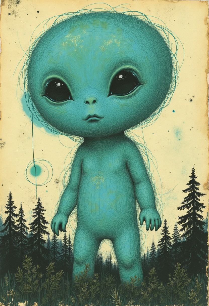 blankmj 1950 alien made of paper,  blue pastel,  green scribble doodle over a forest on Tensor.Art