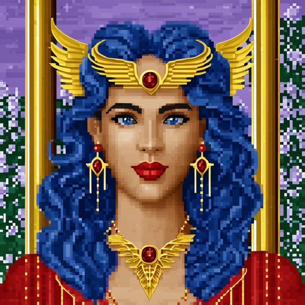 Original HoMM2 style portrait of an elven sorceress with blue wavy hair,  wearing a golden headpiece in the shape of wings...