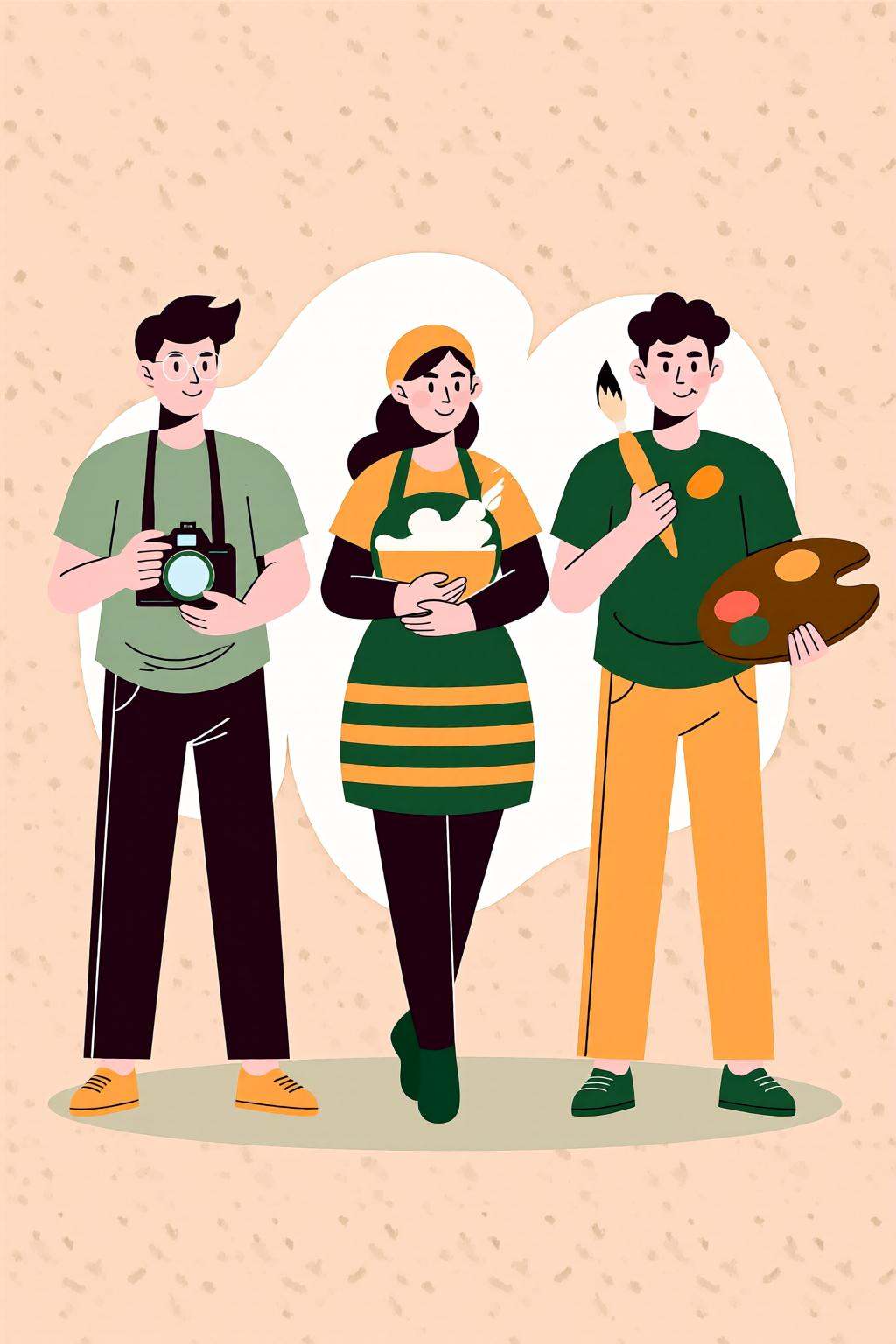 flatcolorvectorart2q illustration.Three individuals are standing side by side. The man wering glasses on the left is holdi...
