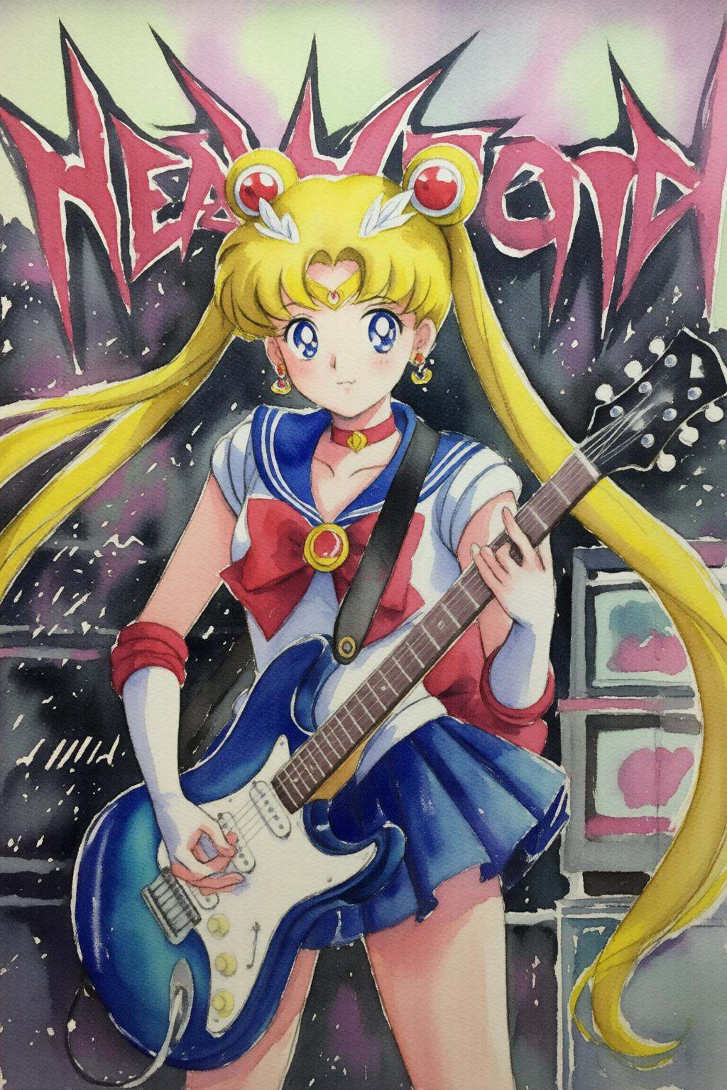 watercolorbasic2q watercolor painting.Punk sailor moon playing a guitar at a heavy metal mosh pit,  tattoos,  piercing. on...