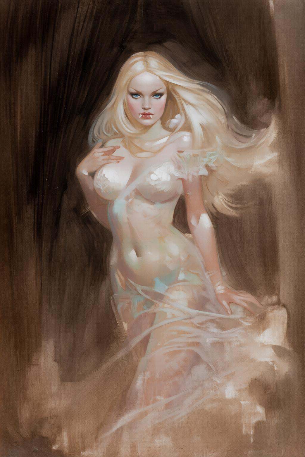 frankfrazetta2 illustration. A blue-eyed woman with long,  flowing blonde hair wears a translucent dress. Small fangs are...