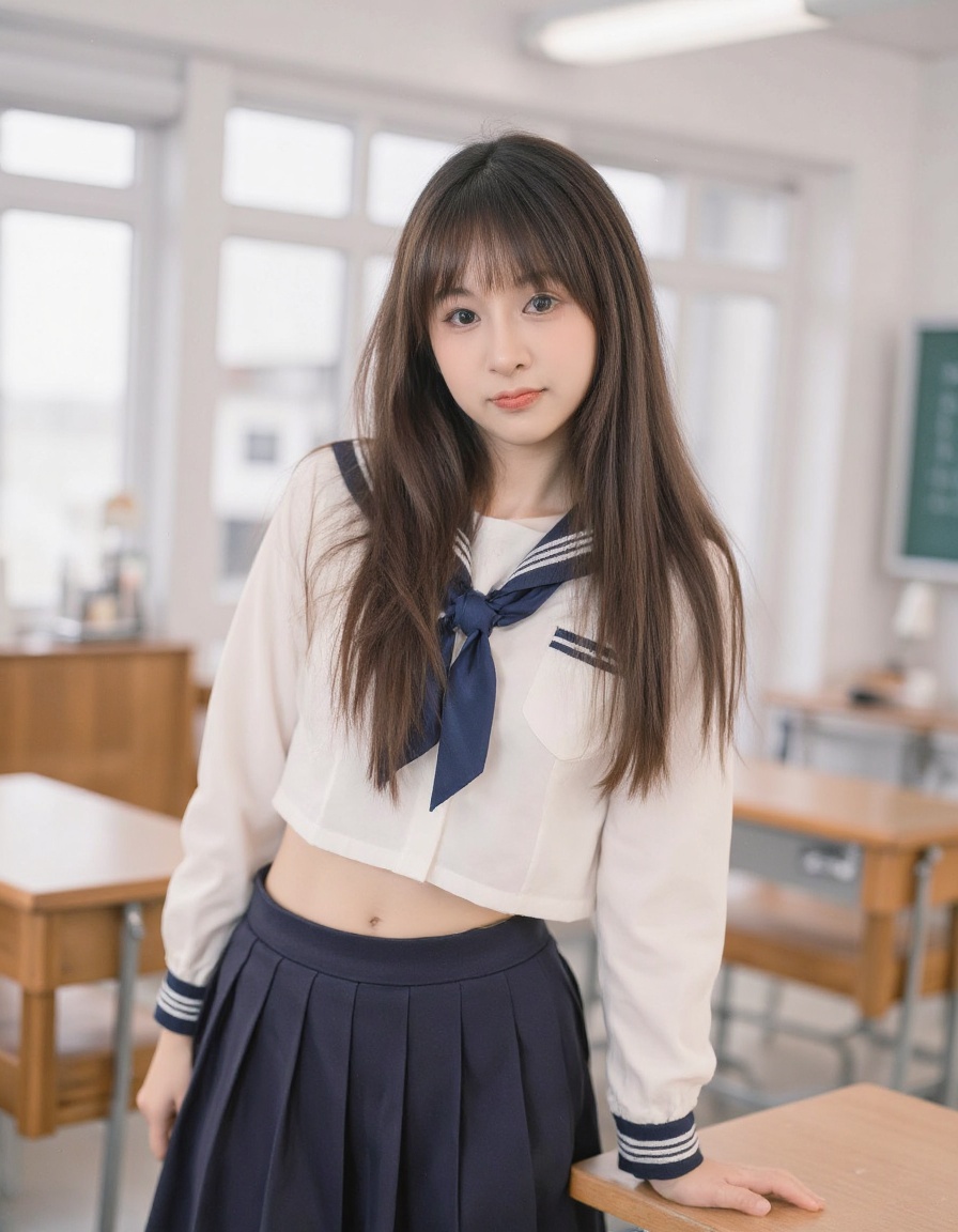 A young girl wearing a traditional Japanese sailor school uniform,  She has long,  straight dark hair with bangs and an ex...