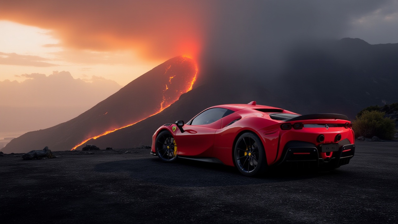 A cinematic scene where the aidmaFerrariSF90 is parked at the edge of an erupting volcano,  with molten lava flowing dange...