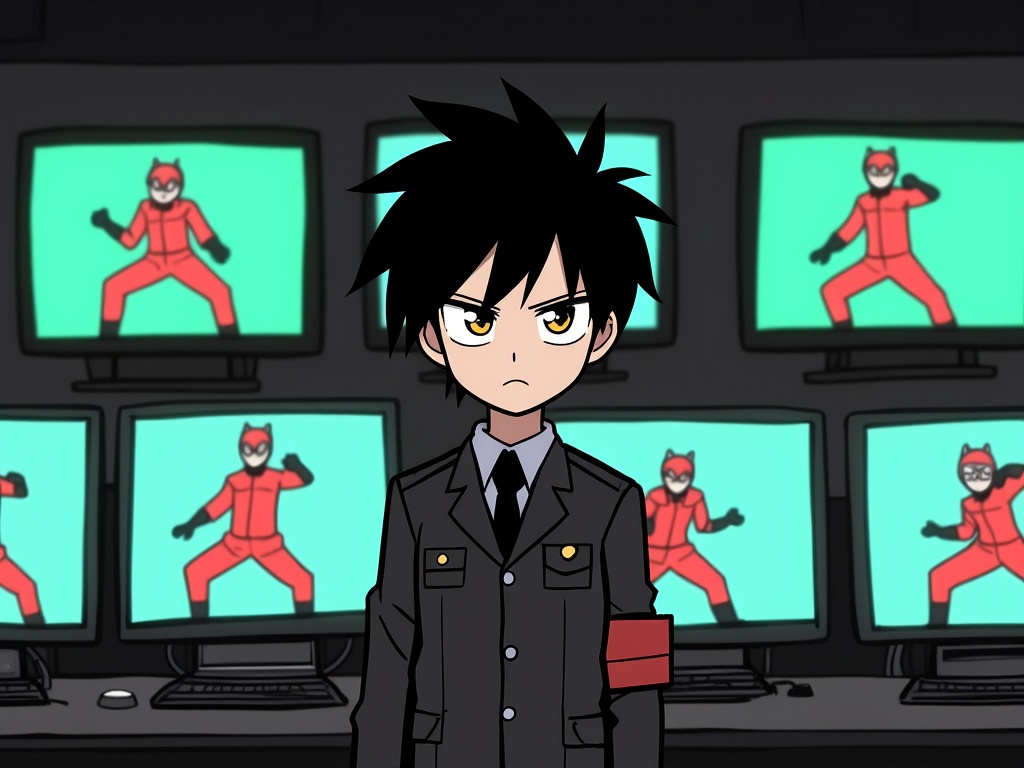 (masterpiece:1.2),(extremely detailed:1.2),(best quality:1.2),(high quality:1.2),(official art:1.2),jbh,<lora:简笔画-智灵-9:0.8>,Anime-style drawing,Anime-style drawing of a young boy with spiky black hair and intense yellow eyes, standing in front of a row of computer monitors displaying the same image of a person in a red suit with a red mask and black gloves, striking a dynamic pose. The boy is wearing a black military-style uniform with white accents and a red armband on his right arm. The background is a dark, futuristic control room with dim lighting, and the monitors are glowing with a greenish hue. The boy has a serious and determined expression, with a slight frown. The image has a dramatic and intense atmosphere, with a focus on the boy's powerful presence. The drawing style is clean and detailed, with bold outlines and vibrant colors. The camera angle is straight-on, capturing the boy's full body and the monitors behind him.