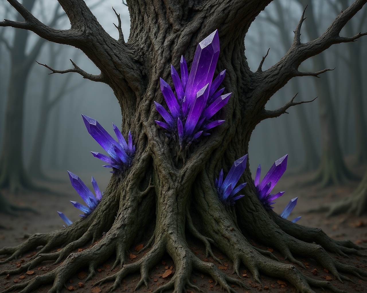 acidic purple,  CrystalPl4gu3 erupting,  gnarled tree trunk splitting into glowing quartz on Tensor.Art