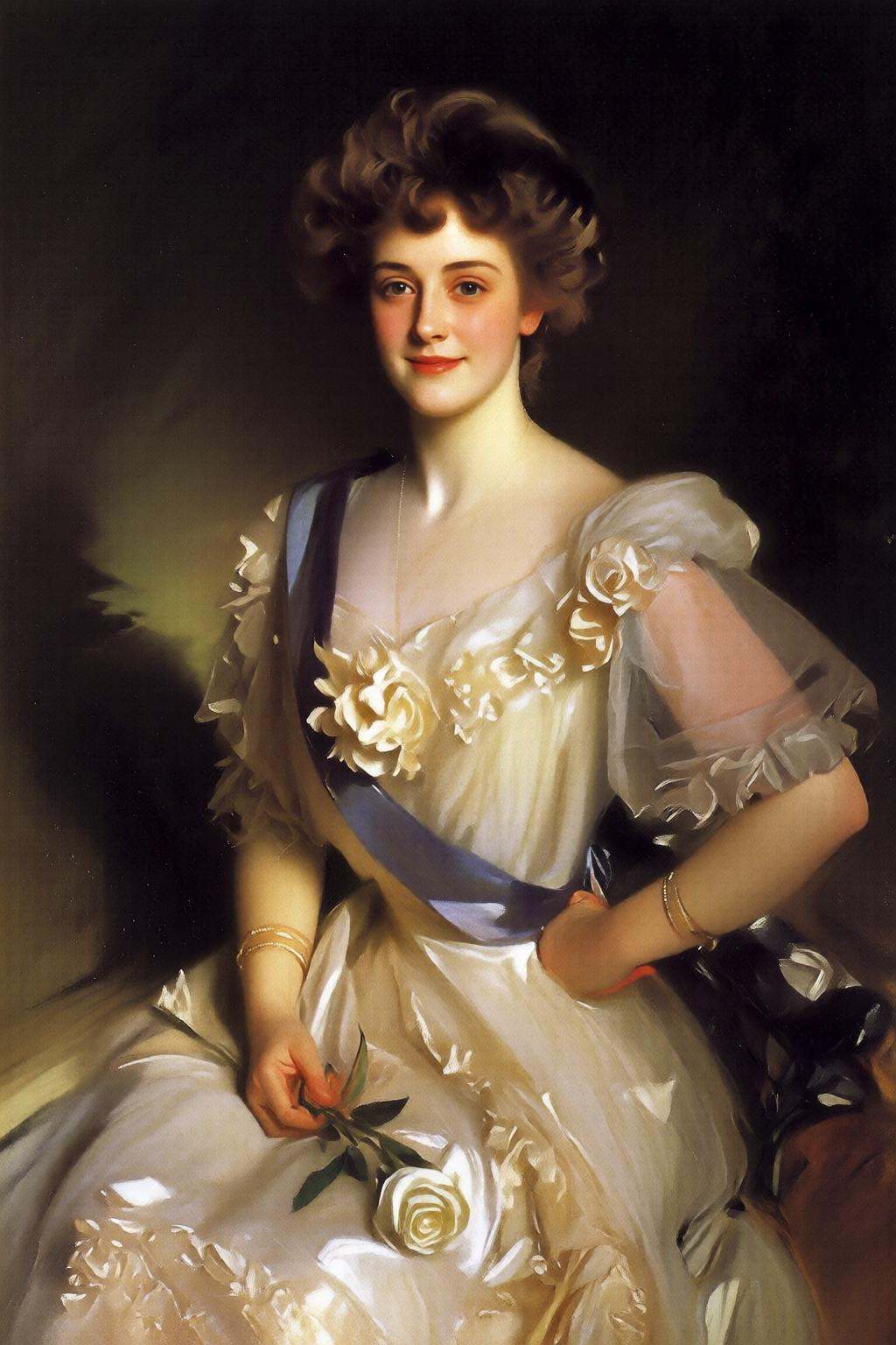 johnsingersargent6q painting.A young woman in a white gown with intricate lace and floral embellishments,  with an orange...
