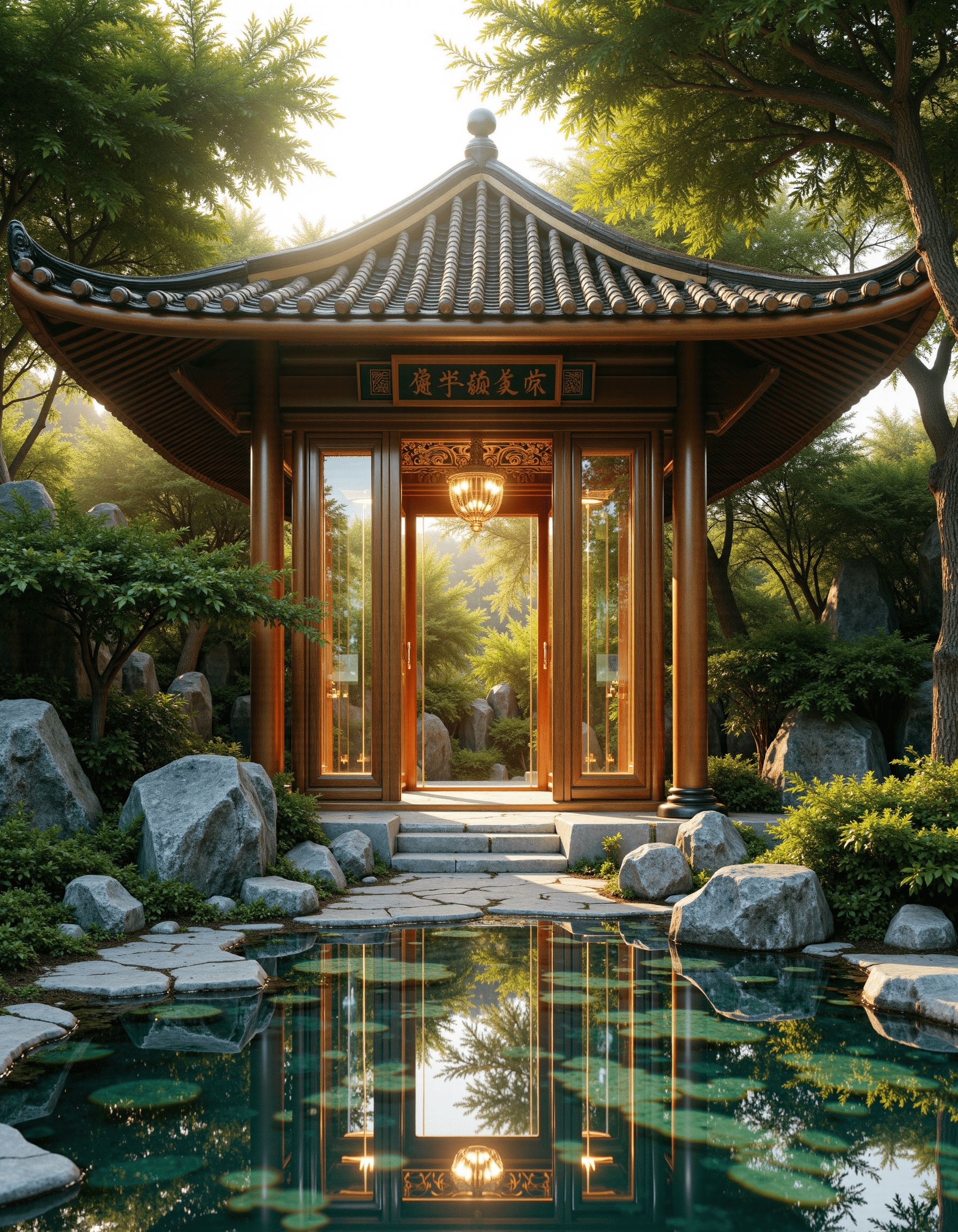Best quality,masterpiece,ultra high res,(photorealistic:1.4),DFHJ,Eastern Aesthetics, Surrealism,The image depicts a tranquil garden setting, characterized by traditional East Asian architecture. A wooden pavilion with a glass facade is surrounded by lush greenery and rock formations. The sunlight filters through the trees, casting a soft glow on the scene, and reflecting off the water in the foreground. The interior of the pavilion, though partially visible, appears to be adorned with intricate carvings and decorative elements, indicative of the region's rich cultural heritage.