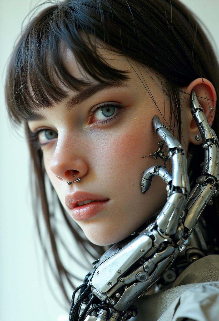 Recypu style,  Cyberpunk highly detailed,  high-resolution photograph.A close-up of a young woman's face and robotic hand....