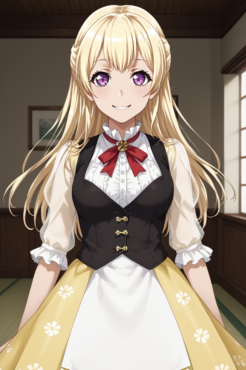 Shirasagi Chisato, long hair, smile, blonde hair, purple eyes, bangs<lora:白鹭千圣:0.8>