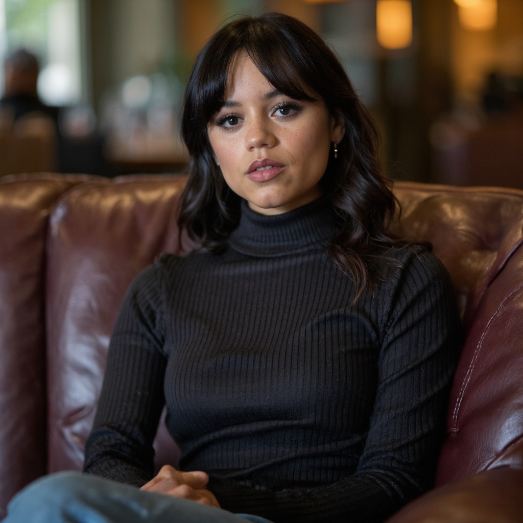A portrait of jenna_ortega seated on a burgundy leather couch in an indoor setting. She wears a ribbed turtleneck sweater...
