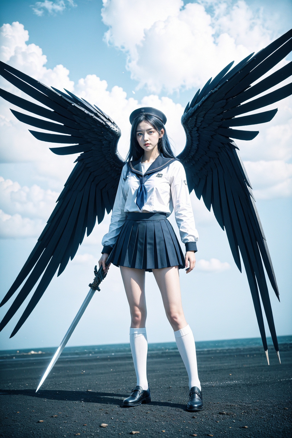 mecha, 1girl, skirt, robot, school uniform, socks, serafuku, red neckerchief, neckerchief, pleated skirt, holding, cloud, blue eyes, standing, white socks, long hair, water, blue skirt, weapon, holding weapon, sky, sailor collar, white shirt, hat, loafers, shoes, long sleeves, kneehighs, shirt, black footwear, ocean, blue sky, outdoors, black hair, ribbon, v-fin, science fiction, looking at viewer, day, black headwear, halo, full body, solo, black skirt, green eyes, holding gun, wings, closed mouth, mechanical wings, gun, shield, purple hair, mobile suit, holding sword, cloudy sky, blue hair, sword, blue sailor collar