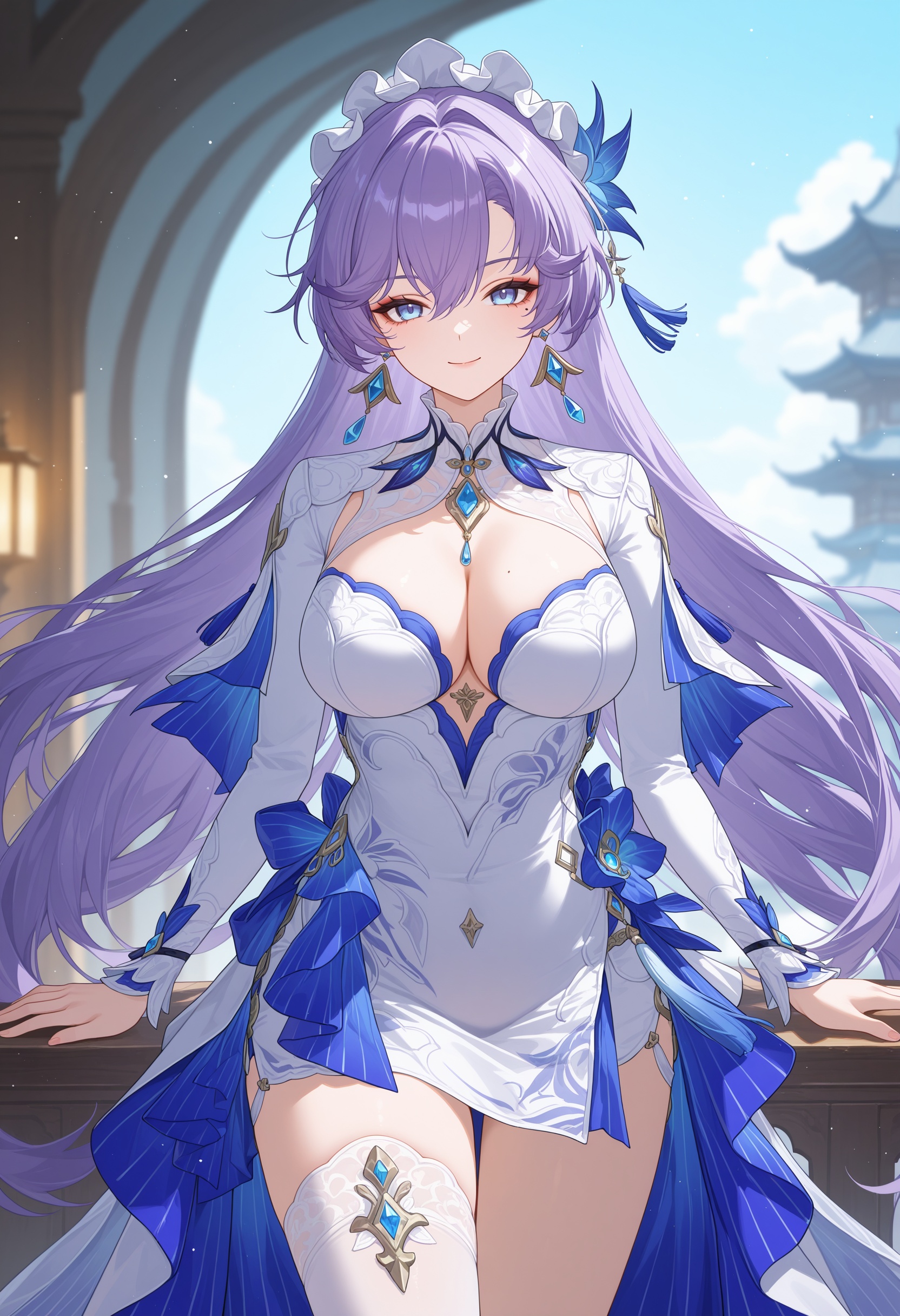 <lora:Cantarella_illustrious-000030:1>,Cantarella \(wuthering waves\),1girl,breasts,solo,blue eyes,jewelry,long hair,earrings,large breasts,cleavage,smile,upper body,purple hair,closed mouth,white dress,cleavage cutout,blurry background,hair ornament,facing viewer,clothing cutout,blurry,long sleeves,mole under eye,white thighhigh,single thighhigh,cowboy_shot,suspenders