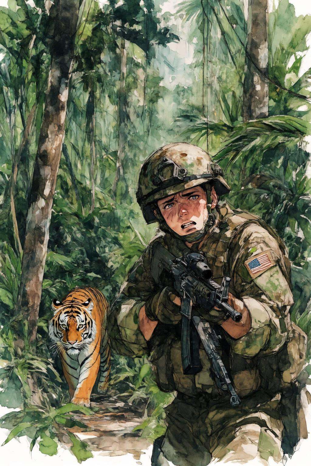 nijiwatercolor1q Anime watercolor illustration.Create a tense jungle scene set in Vietnam,  featuring a dense,  lush envir...