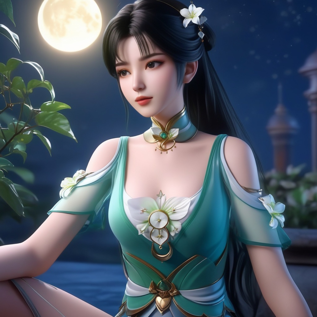 <lora:834-DA-XL-诛仙-碧瑶:0.8>, (,1girl, ,best quality, ),,  ,,ultra realistic 8k cg, ,masterpiece, (( , )),, realistic,science fiction,mole, ,     ,crescent moon, jasmine \(flower\),     (cleavage),(sit),   (),