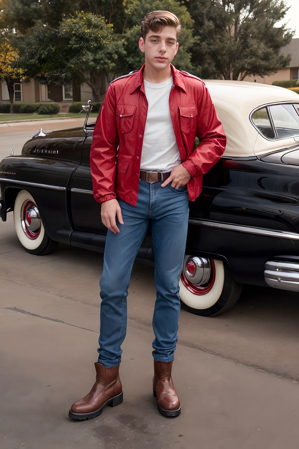 evening,  standing next to (black 1949 Mercury Coupe),  (JoeyMills) on Tensor.Art