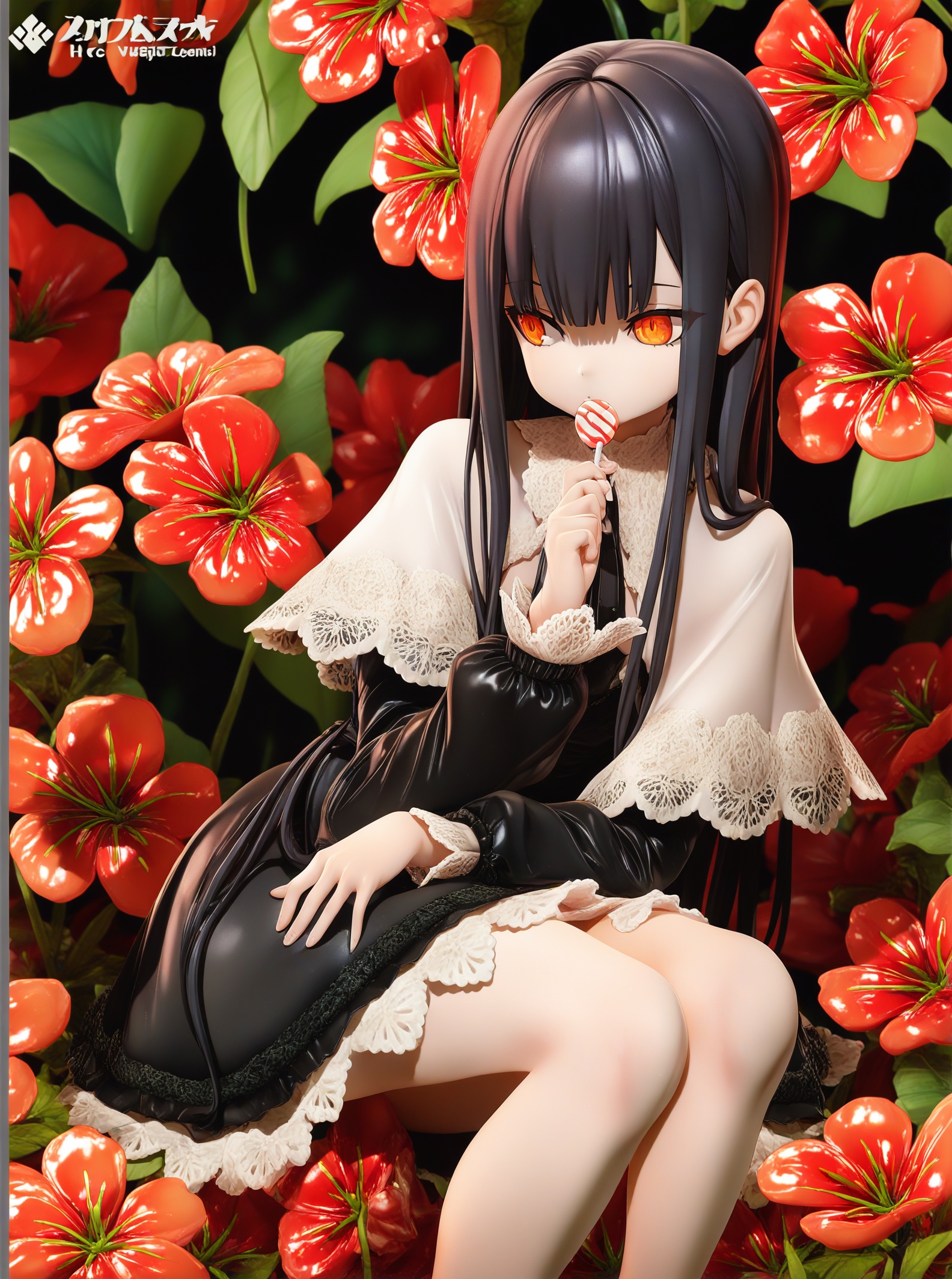 best quality,masterpiece,absurdres,newest,<lora:GENESIS_MK0.2:1>,pvc,a digital illustration in a highly detailed, anime-inspired style, it features a young woman with pale skin and striking, large, expressive orange eyes that stand out against her dark hair, her long, straight hair is adorned with a few loose strands, and she has a delicate, almost ethereal appearance, she is dressed in a dark, gothic-inspired outfit with white lace trim and a high collar, the outfit is complemented by a white shawl draped over her shoulders, adding a touch of elegance, the woman is seated with her legs crossed, resting her chin on her hand, which holds a large, red and white striped lollipop, the background is filled with vibrant red flowers and lush green leaves, creating a romantic and whimsical atmosphere, the overall color palette is dominated by deep reds, greens, and whites, with subtle highlights and shadows that enhance the texture and depth of the illustration, the illustration is highly polished, with a focus on intricate details and textures, typical of high-quality digital art