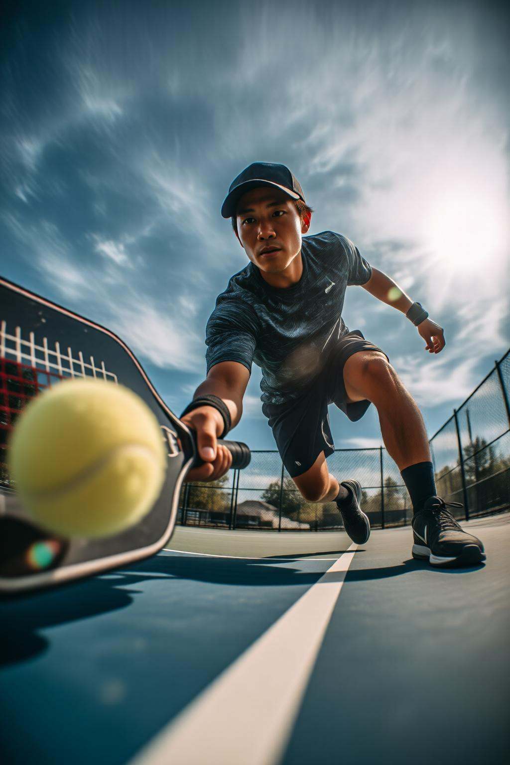 midjourneylowangle11q Low angle shot. An Asian man is playing pickleball on an outdoor court. He is wearing a dark-colored...