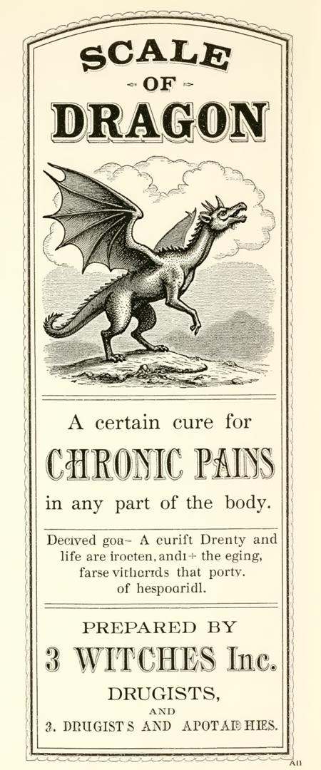 A vintage apothecary label for 'Scale of Dragon,  ' in black ink,  with an illustration of a dragon about to spread its wi...