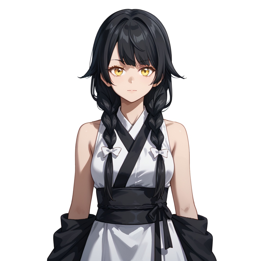 (white background:1.2),looking at viewer,(SOLO:1.4),outline,simple background,upper body, cowboy shot,looking at viewer,(((arms at side))),  linzhaoyu, linzhaoyu_manga, long hair, black hair, yellow eyes, braid, twin braids, bangs, bow, hair bow, white bow, very long hair, braided ponytail, hair over shoulder<lora:linzhaoyu-manga-pony:0.8>