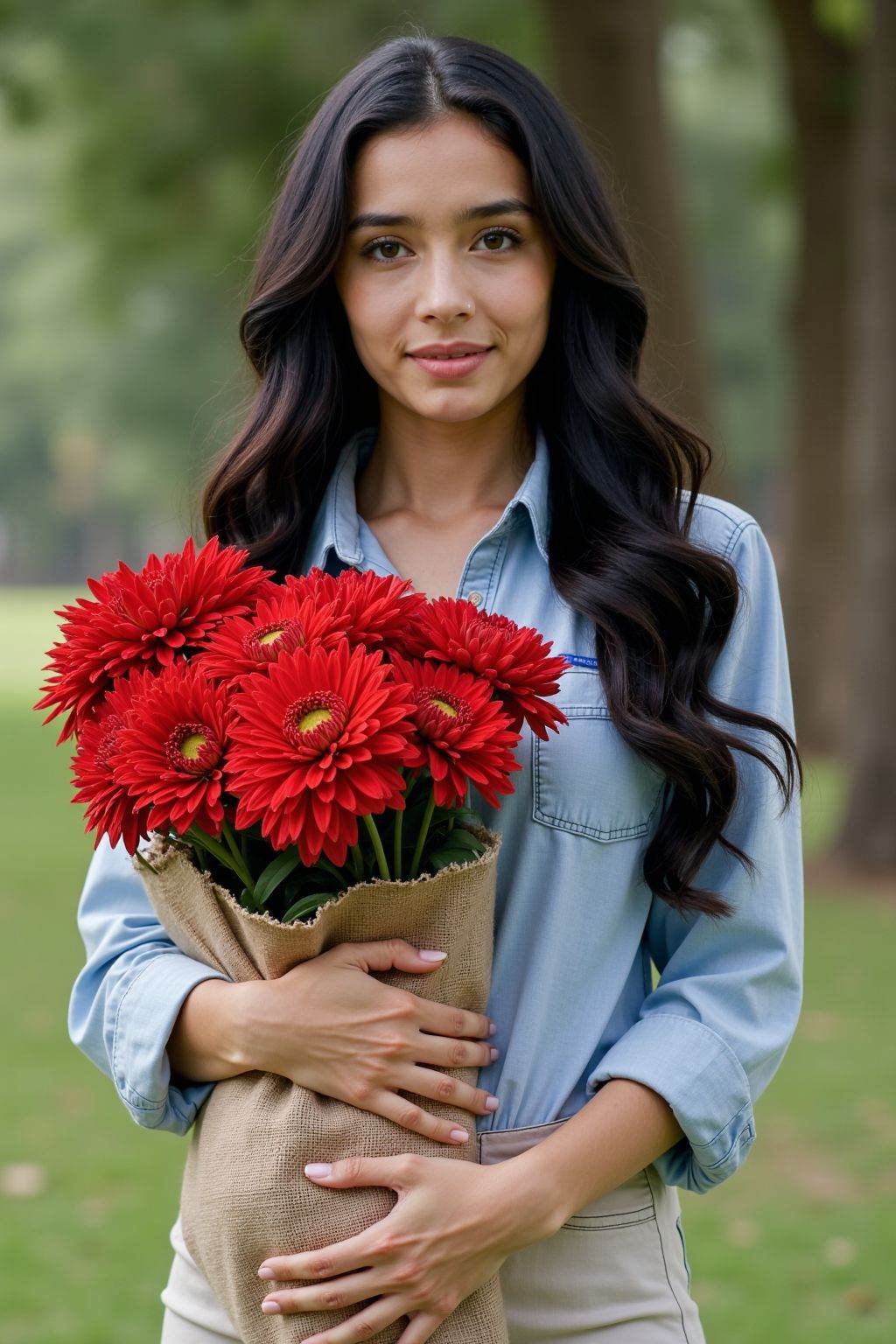 A photograph of a young woman with fair skin and long,  wavy black hair. She is wearing a button-down shirt and pants. She...