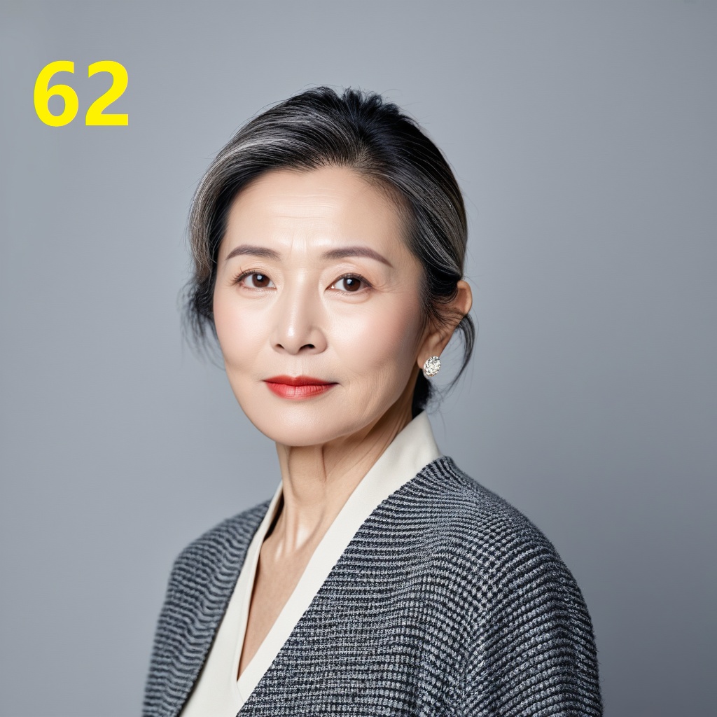 leogirl,A 62-year-old woman,portrait photo,facial focus,photo taken,fashionable and simple,Chinese ethnicity,soft gray background,natural lighting,high-resolution clarity,contemporary portrait,gentle,fashionable and avant-garde,simple accessories,details with strong contrast between skin color and neutral background,looking at the audience,