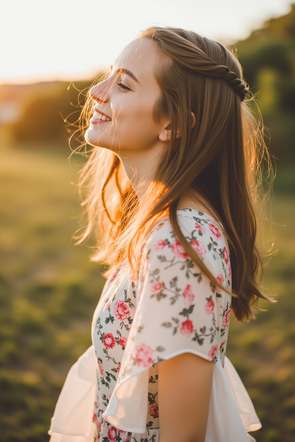 film grain,A candid film photograph of a girl with long brown hair in a loose braid, wearing a flowing summer dress. She is captured mid-laugh, looking away from the camera, her face and upper body bathed in the golden light of sunset. The outdoor setting and film grain create a dreamy, ethereal mood, reminiscent of classic film portraits. High quality, with an emphasis on natural beauty and emotion,light master,