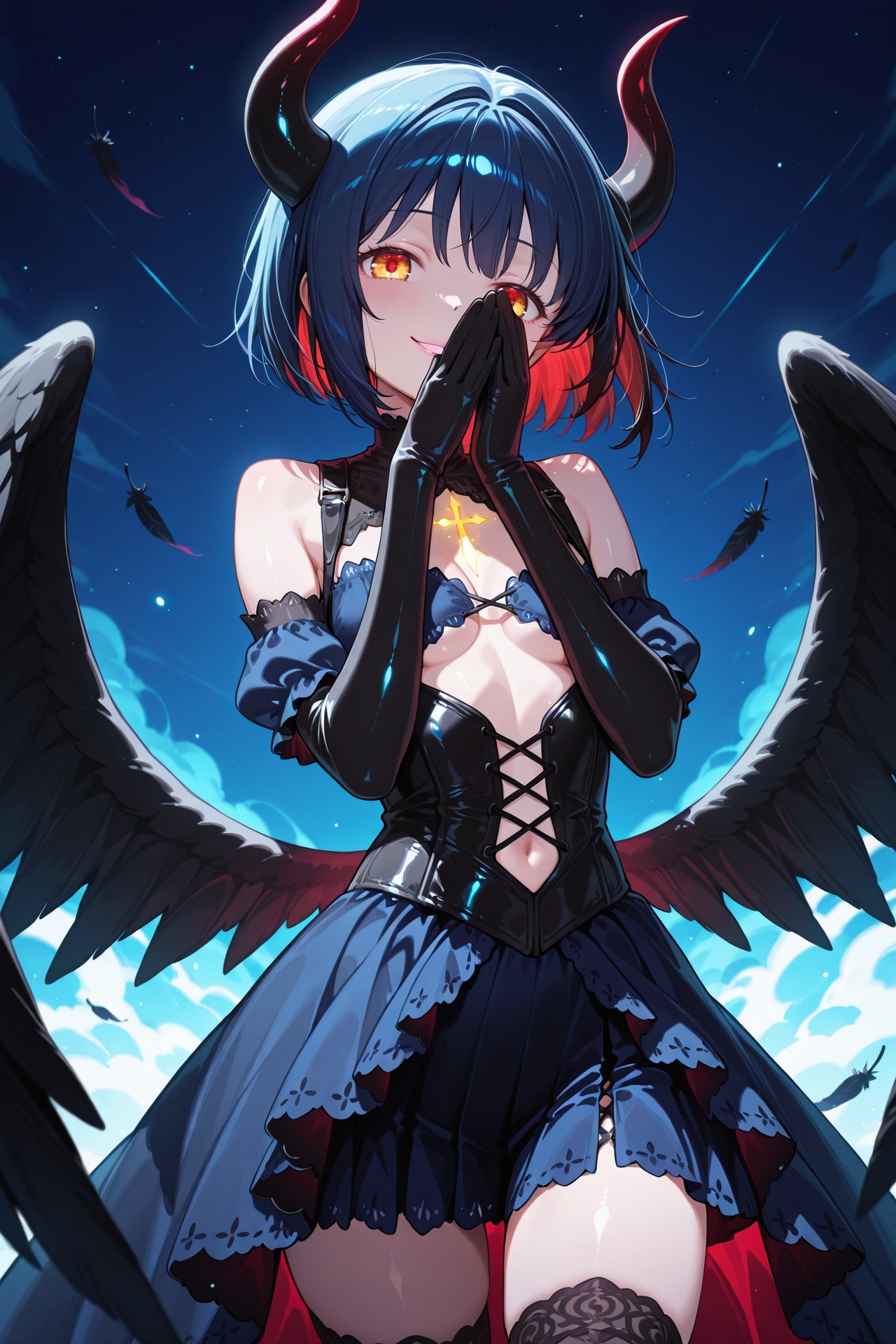 1girl,  small black devil horns,  large black angel wings on Tensor.Art