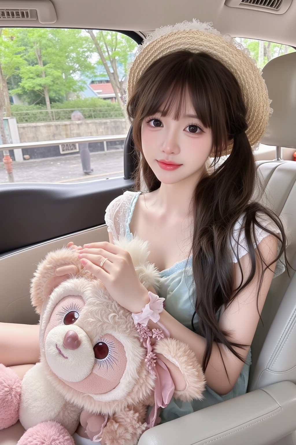 1girl,The photograph captures a young woman sitting in the passenger seat of a car, with the interior of the vehicle visible. She has light skin, long dark brown hair styled in loose waves, and is wearing a large straw hat with a wide brim, adorned with a lace trim. Her eyes are large and almond-shaped, framed by long, thick eyelashes, and she has a small nose and full, pink lips. She is dressed in a light blue, sleeveless dress with a delicate, sheer overlay on the shoulders, and a large, plush toy resembling a character from a children's book is draped over her lap. The plush toy is soft and fluffy, with large, expressive eyes and a friendly smile. The car interior is beige, with leather seats and a modern design. The window behind her reveals a lush, green landscape outside, indicating a serene, possibly suburban area. The overall mood of the image is whimsical and playful, with a hint of nostalgia due to the character toy and the vintage-style hat. <lora:萌妹FLUX-14:0.6>