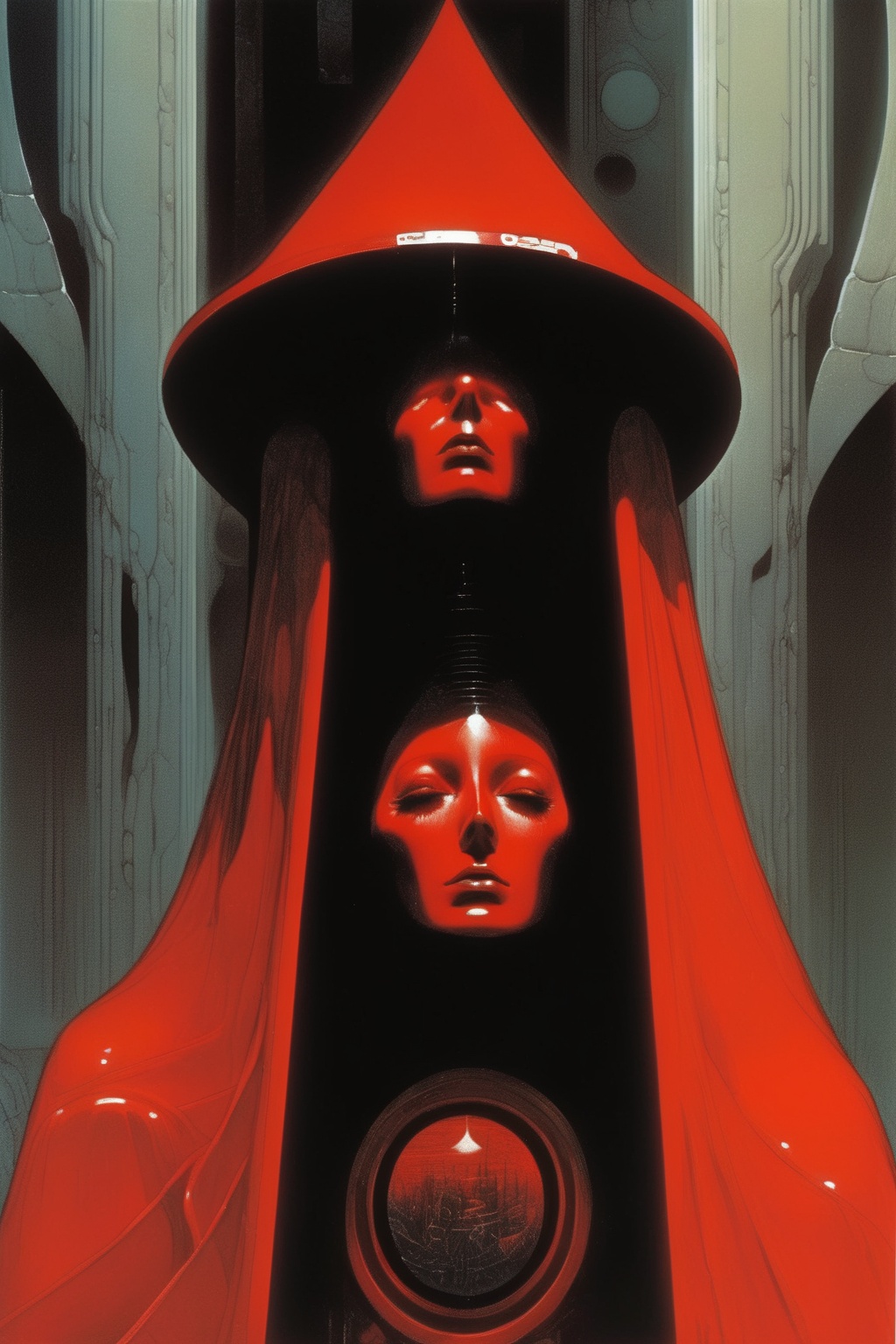 Philippe Druillet Style - Create a high quality close up portrait of The Oracle,  wearing short red robes,  tentacles bene...