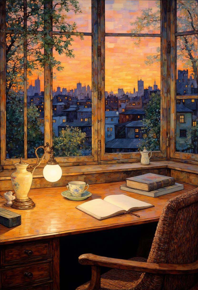 This is a detailed,  impressionistic digital painting depicting a cozy,  warm study room with a view of a cityscape at dus...