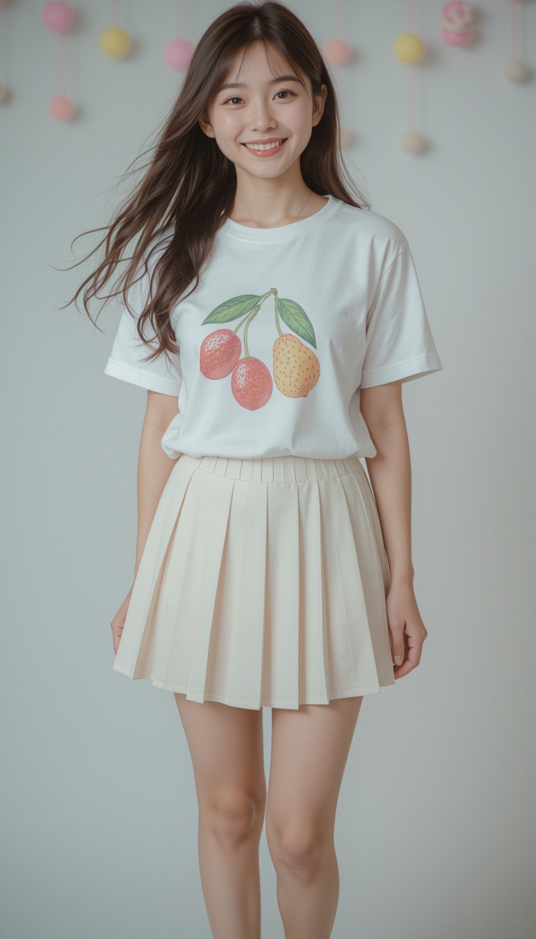 Studio capture of a Japanese teenage girl in a fruit-print summer t-shirt,  pastel pleated skirt,  white converse shoes on...