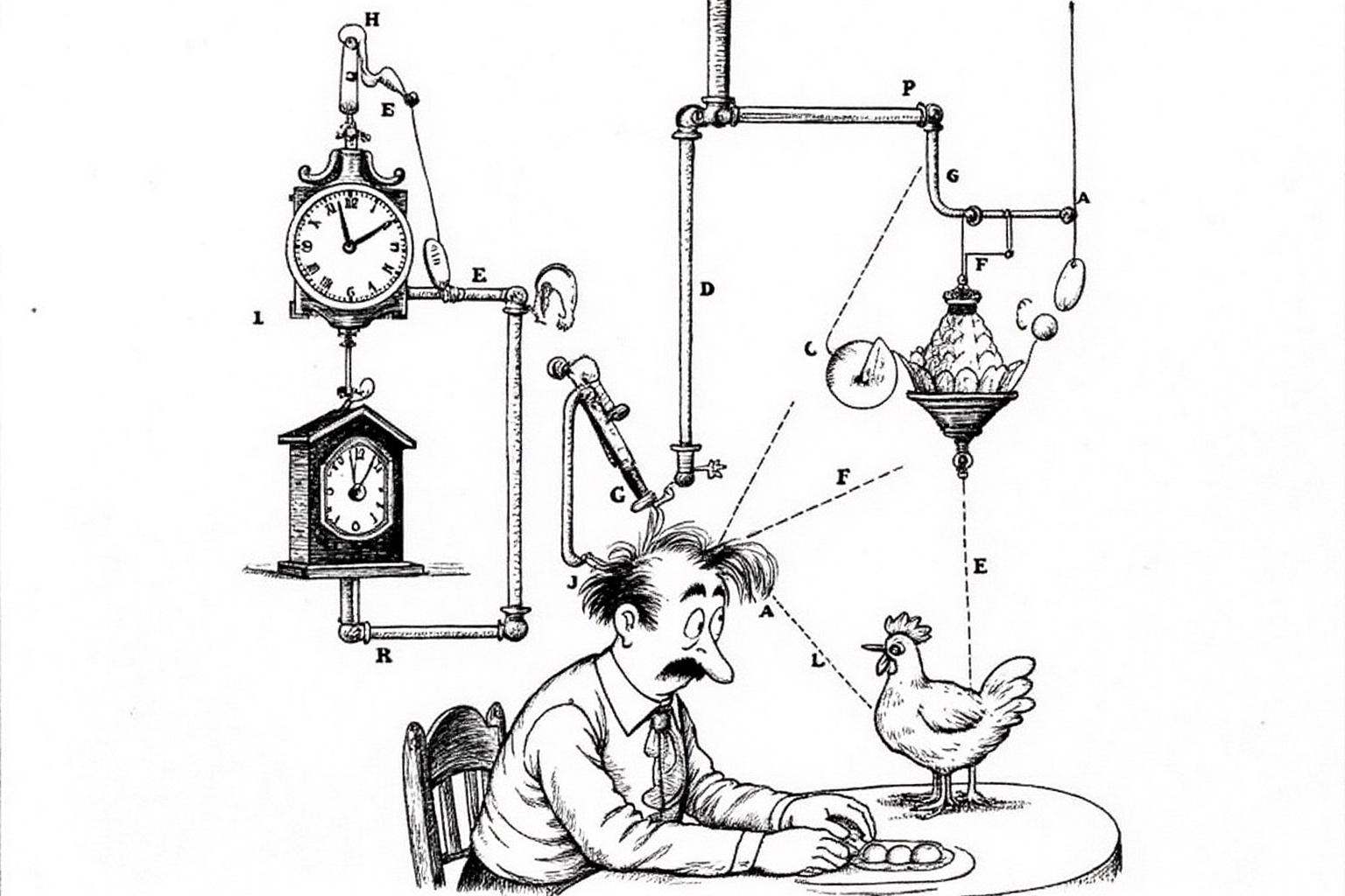 rugo1 illustration. A man with a prominent mustache is combing his hair with a strange and complicated contraption. The ma...