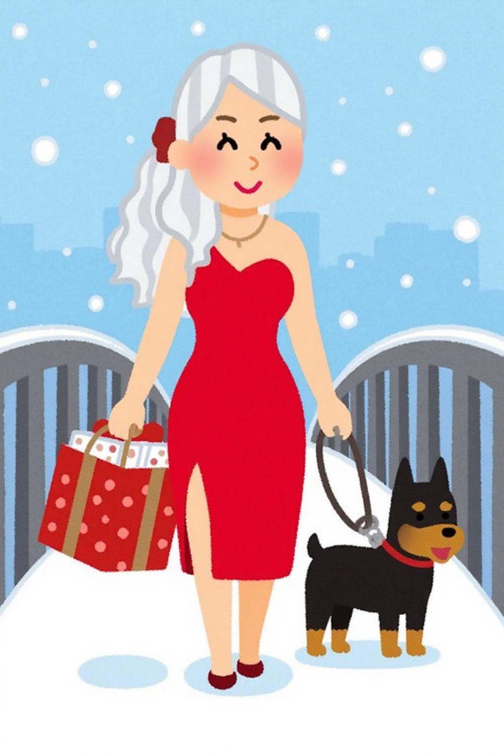 irasutoya1 illustration.A woman with long,  wavy white hair is wearing a red dress with a high slit and a red bow in her h...
