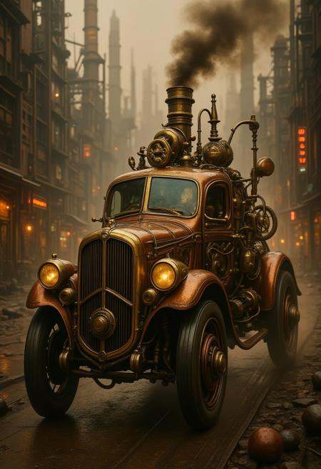 Retro- futuristic Art: A grand,  steampunk car with brass and copper details,  traveling through a bustling industrial cit...