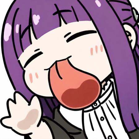 1girl,fern_\(sousou_no_frieren\),solo,purple_hair,<lora:tongue out_ill-xl_e2:1>,chibi,tongue,tongue out,upper body,waving,