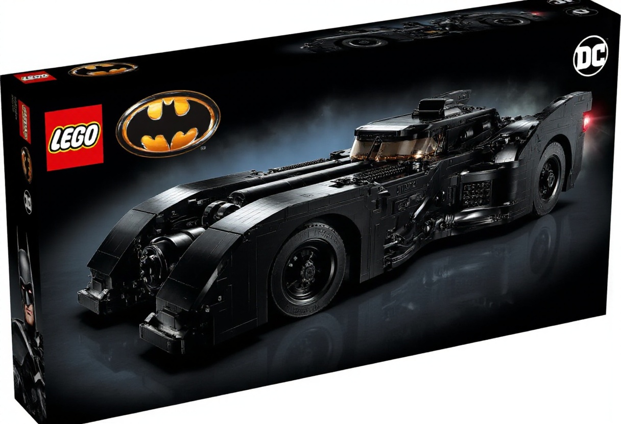 This image is a photograph of a LEGO Batman set box. The box is predominantly black with a glossy finish,  featuring a pro...